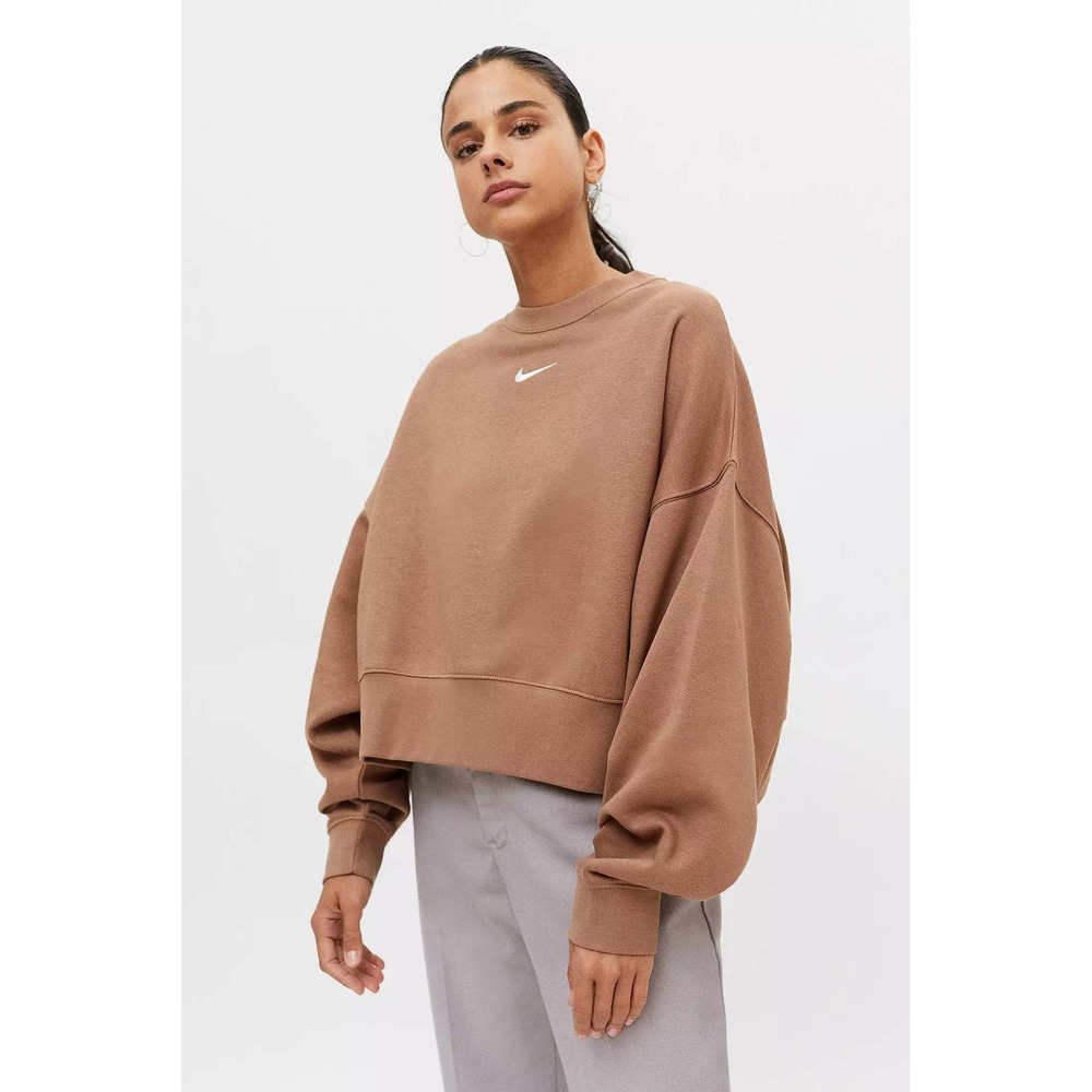 Nike Essential Fleece Crew Neck Sweatshirt Brown Cropped Pullover XS